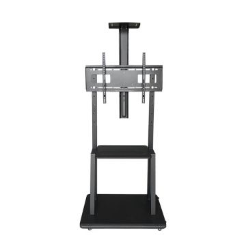 Stand mobil de televizor cu roti pivotante la 360°, ajustabil, raft inferior de sustinere laptop, greutate suportata maxim 60 kilograme, metal rezistent, culoare negru, 67x220x70cm LEXI