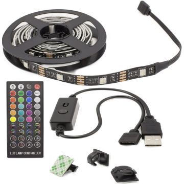 SunShine Banda LED RGB inteligenta SunShine SLS003, pentru iluminare fundal TV 50”-65”, Bluetooth, telecomanda, USB, 5V, 2x60 cm + 2x110 cm