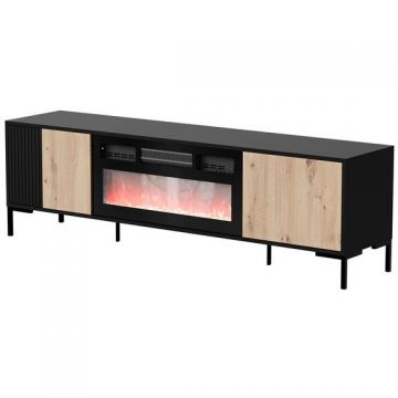Cama MEBLE Comoda Cama Meble RTV Merci 180x40x53.5 cm, PAL-MDF, cu semineu electric, Negru-Stejar