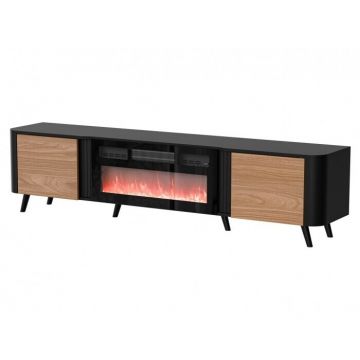 Cama MEBLE Comoda Cama Meble RTV Volare, 200x39x49 cm, PAL-MDF, cu semineu electric, Negru-Nuc