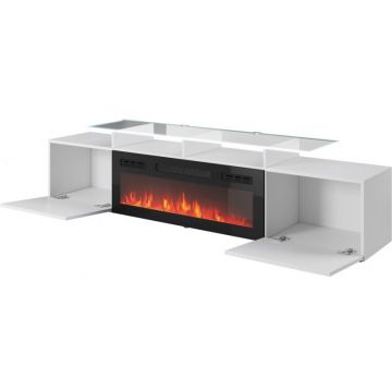 Cama MEBLE Comoda Cama Meble TV Rova cu semineu electric, 190x37x48, MDF-PAL, Alb lucios