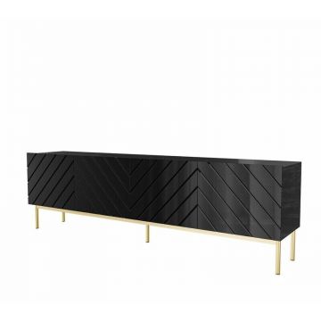 Cama MEBLE Comoda TV Cama Meble Abeto pe cadru din otel Auriu, 200x42x60 cm, MDF-PAL,  Negru lucios