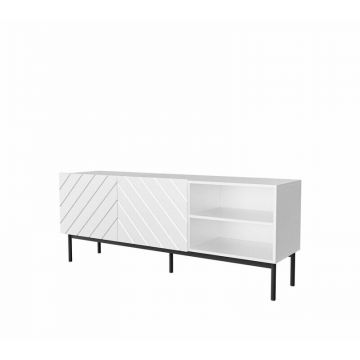 Cama MEBLE Comoda TV Cama Meble Abeto pe cadru din otel Negru, 150x42x60 cm,  Alb lucios