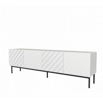 Cama MEBLE Comoda TV Cama Meble Abeto pe cadru din otel Negru, 200x42x60, PAL-MDF, Alb lucios
