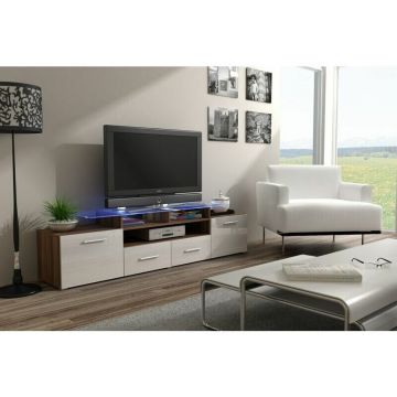 Cama MEBLE Comoda TV Cama Meble Evora 200, Lemn de prun - Alb lucios