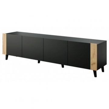 Cama MEBLE Comoda TV Cama Meble Faro, fara manere, 200x42x52cm, Negru mat-Stejar