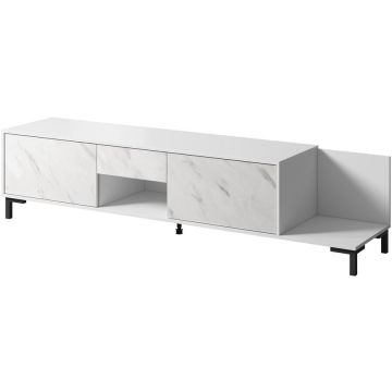 Cama MEBLE Comoda TV Cama Meble Marmo 2D1S1K, PAL, 195x40x47.5 cm, Alb mat cu Alb marmura