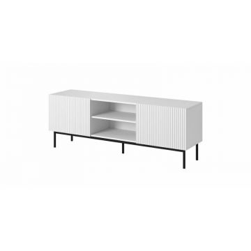 Cama MEBLE Comoda TV Cama Meble Pafos pe cadru otel Negru 150x40x60 cm, MDF-PAL, Alb mat