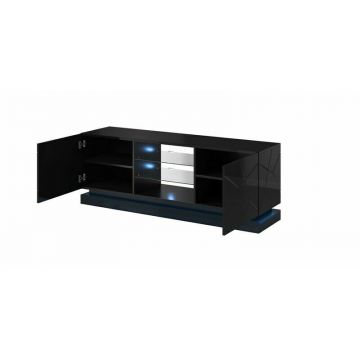 Cama MEBLE Comoda TV Cama Meble QIU 160,  MDF, sticla si PAL, Negru