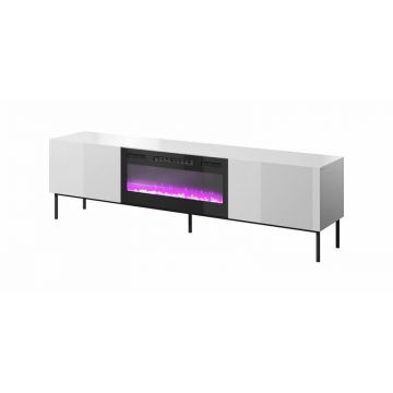 Cama MEBLE Comoda TV Cama Meble Slide 200K cu semineu electric pe cadru negru 200x40x57 cm, MDF-PAL, Alb