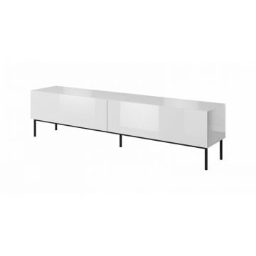 Cama MEBLE Comoda TV Cama Meble Slide, pe cadru din oțel Negru,  200x40x50 cm, Alb lucios
