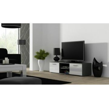 Cama MEBLE Comoda TV Cama Meble Soho 140, Gri-Alb lucios