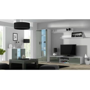 Cama MEBLE Comoda TV Cama Meble Soho 180, MDF-PAL, Alb-Gri lucios