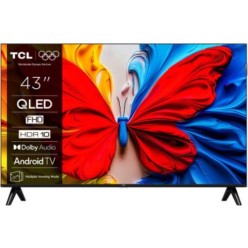 TCL Televizor TCL QLED 43S5K, 108 cm, Smart Android TV, Full HD, Clasa F, DVB-T2/HEVC/S2, DVB-C, 2xHDMI, USB, Wi-FI , Negru