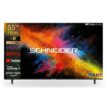 Schneider Televizor Smart VIDAA Schneider LED50‑SC691K, 127 cm (50”), 4K UHD, DLED, Borderless, Unghi larg 178°, 3x HDMI, Clasa F, Negru