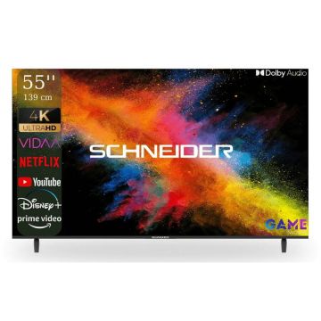 Schneider Televizor Smart VIDAA Schneider LED55‑SC691K, 139 cm (55”), 4K UHD, DLED, Borderless, Unghi larg 178°, 3x HDMI, Clasa F, Negru
