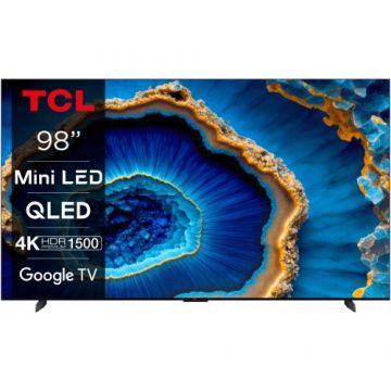 Televizor QLED MiniLED TCL 248 cm (98inch) 98C805, Ultra HD 4K, Smart TV, Google TV, WiFi, CI+, Clasa G, 144 Hz (Model 2023)