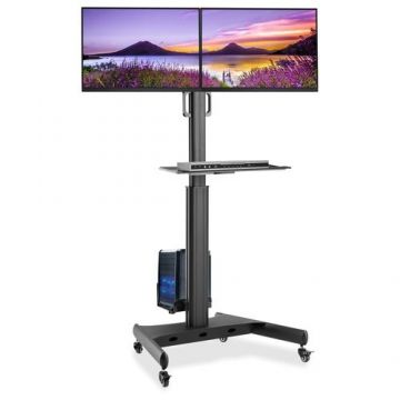 Stand TV mobil pe roti pentru 2 televizoare, 13-32inch, reglabil, suport PC, raft tastatura, TECHLY ICA-TR42 (Negru)