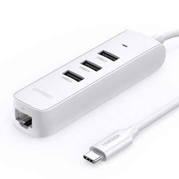 Hub extern Ugreen CM416, conectare prin USB Type-C, 1x RJ-45 100Mbps, 3x USB 3.0, Alb