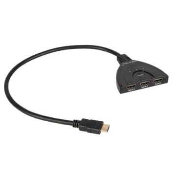 Splitter HDMI 3 intrări 1 ieșire pentru conectarea mai multor surse HDMI.