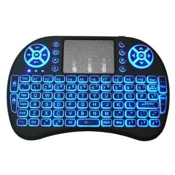 Telecomanda wireless QWERTY cu mini tastatura STAR i8, 2.4G, Iluminare LED 7 culori, Air mouse, Touch pad, Negru