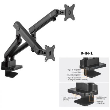 Suport 2 Monitoare MNT20-2 De Masa Cu Statie Docking 8-in-1  17-32inch Max 8kg/Brat Otel Negru