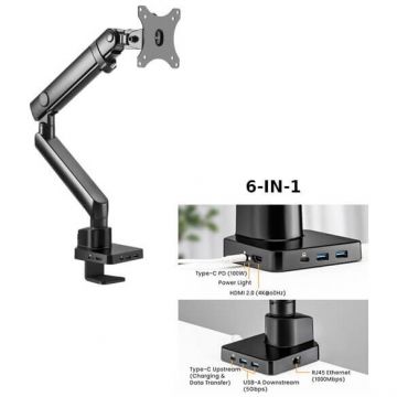 Suport Monitor De Masa MNT20 Cu Statie Docking  6-in-1 17-32inch Max 8kg Otel Negru