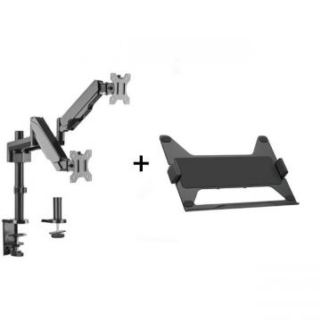Suport Monitor Si Laptop MNT16-2  Format Din Suport 2 Monitoare Gas Spring Dual Arm si Adaptor Laptop BM-NBH-6 Negru